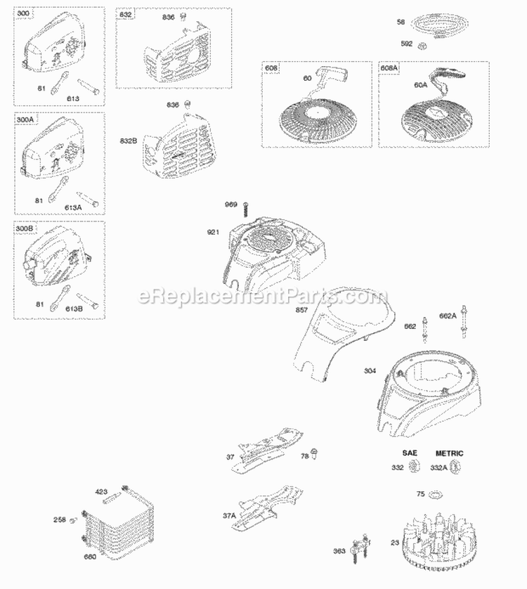 Blower Housing Exhaust System Flywheel Rewind Starter Diagram and Parts List for 100602-0137-B1  Briggs and Stratton Engine